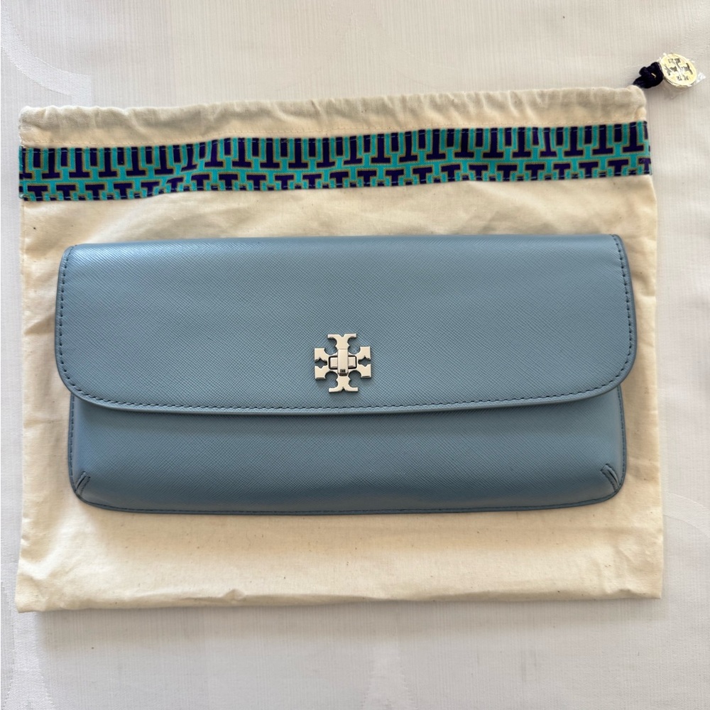 Tory Burch Light Blue Leather Slim Diana Flap Clutch
